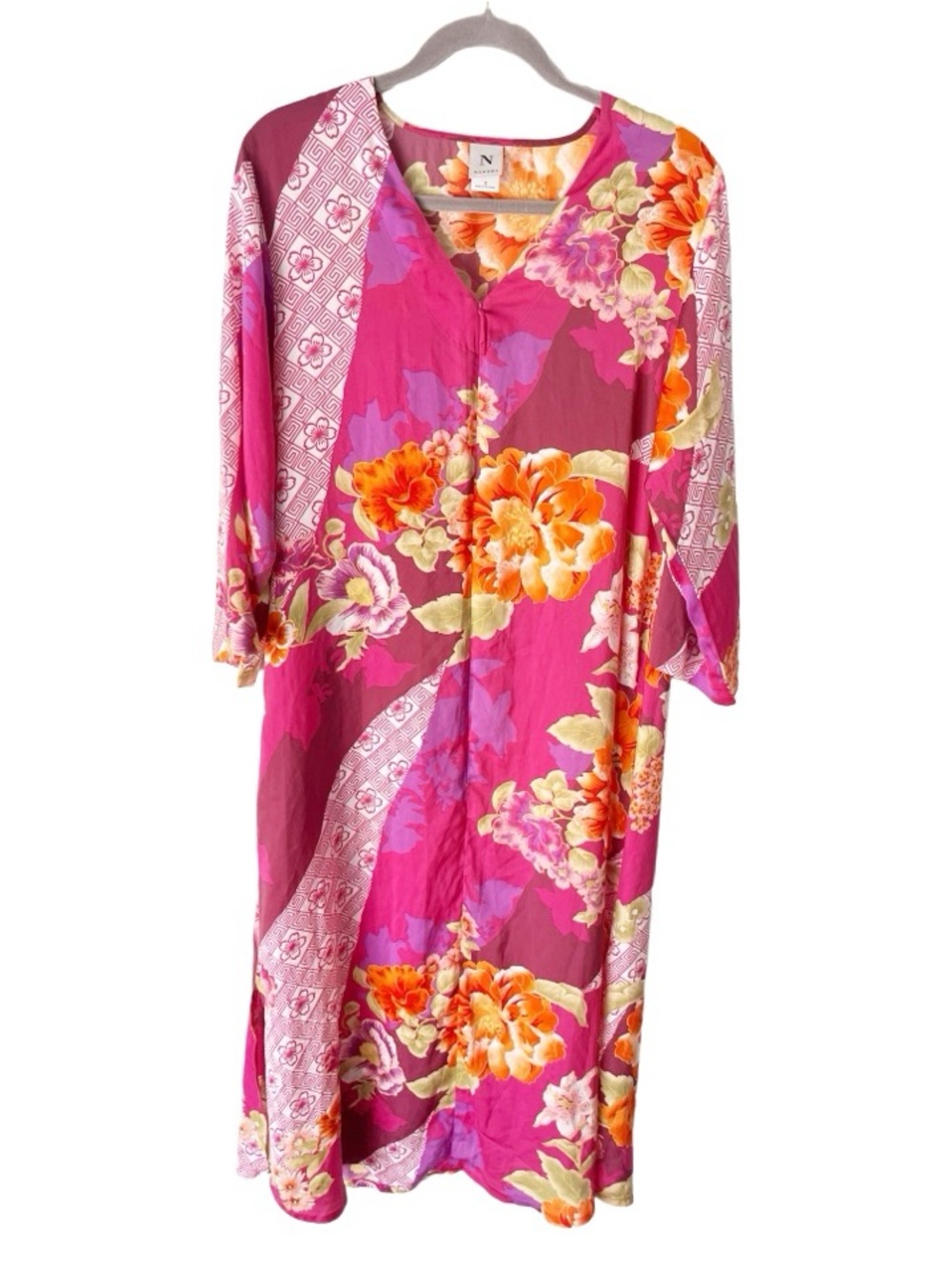 Natori Caftan Women's Small Zip Front Pink Statement Art‎ to Wear House Dress